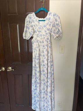 Petal & Pup Cream Maxi Dress with Blue Floral Print and Puff Sleeves